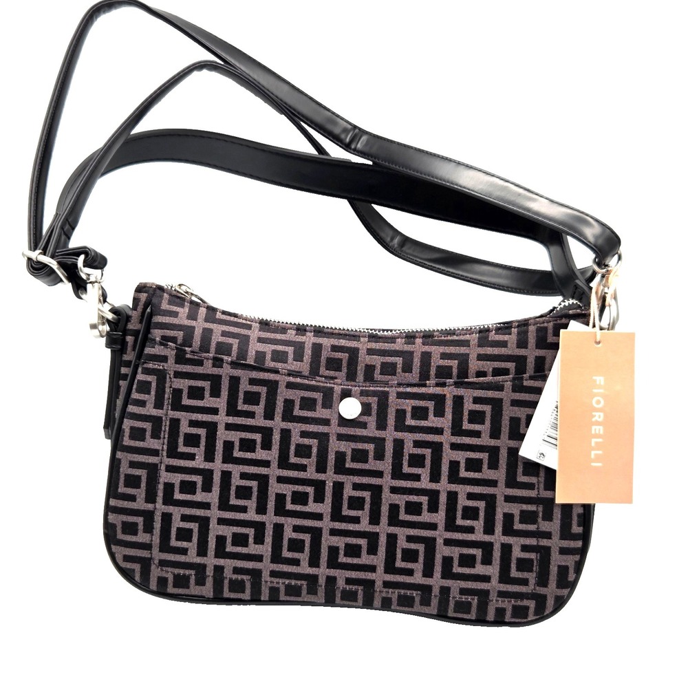 NWT FIORELLI‎ Shoulder Bag Black Jacquard Print with Pockets & Crossbody Strap